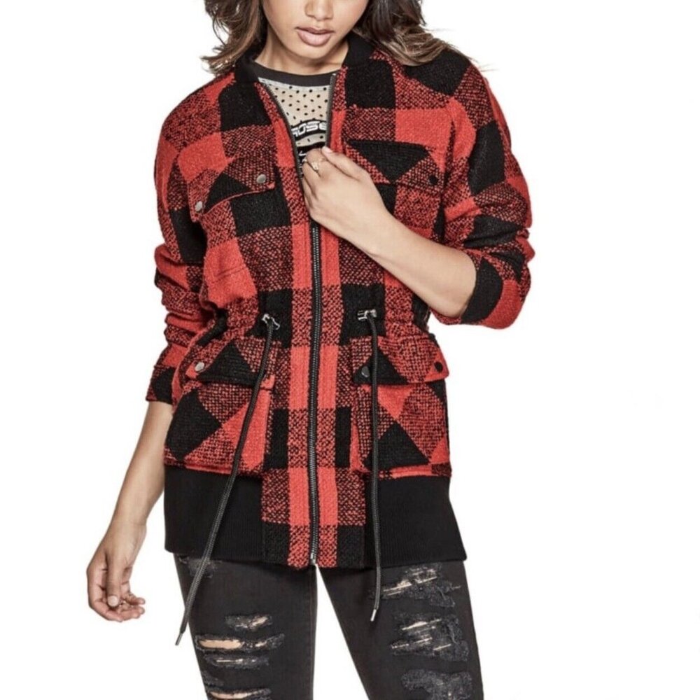 Guess - Buffalo Plaid Bomber Utility Drawstring Jacket